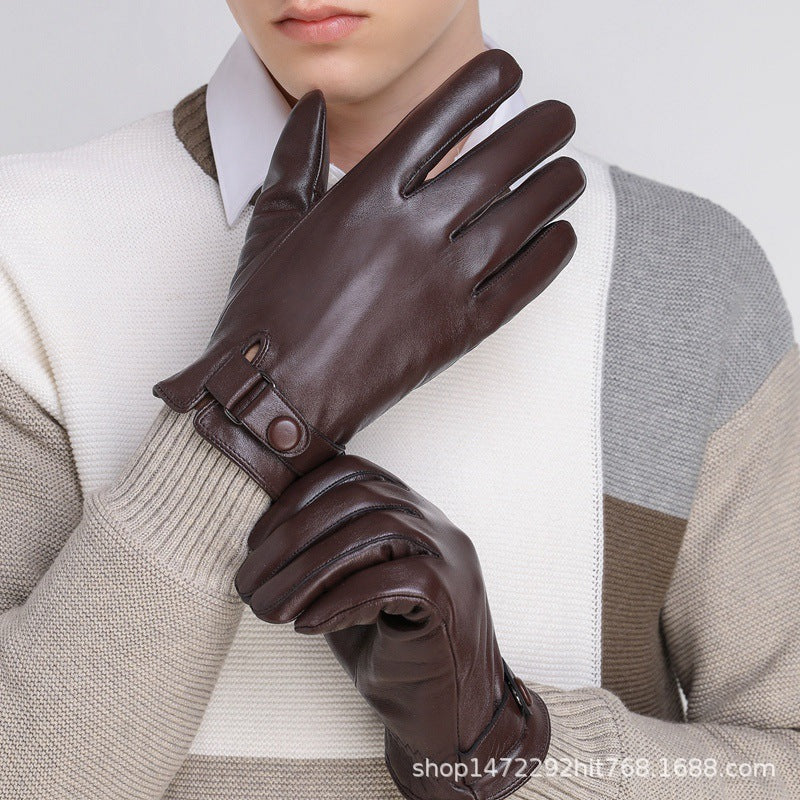 Sheepskin Gloves Men's Winter Warm Leather Gloves for Cycling Motorcycles and Driving Thin Fleece-Lined Touch Screen Sheepskin Gloves