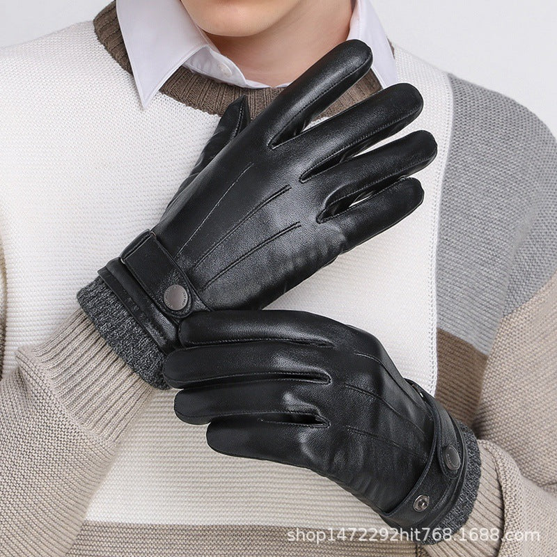Sheepskin Gloves Men's Winter Warm Leather Gloves for Cycling Motorcycles and Driving Thin Fleece-Lined Touch Screen Sheepskin Gloves