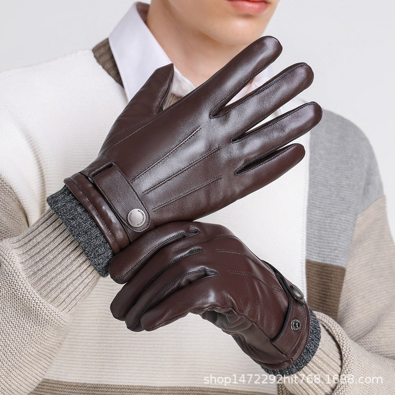 Sheepskin Gloves Men's Winter Warm Leather Gloves for Cycling Motorcycles and Driving Thin Fleece-Lined Touch Screen Sheepskin Gloves