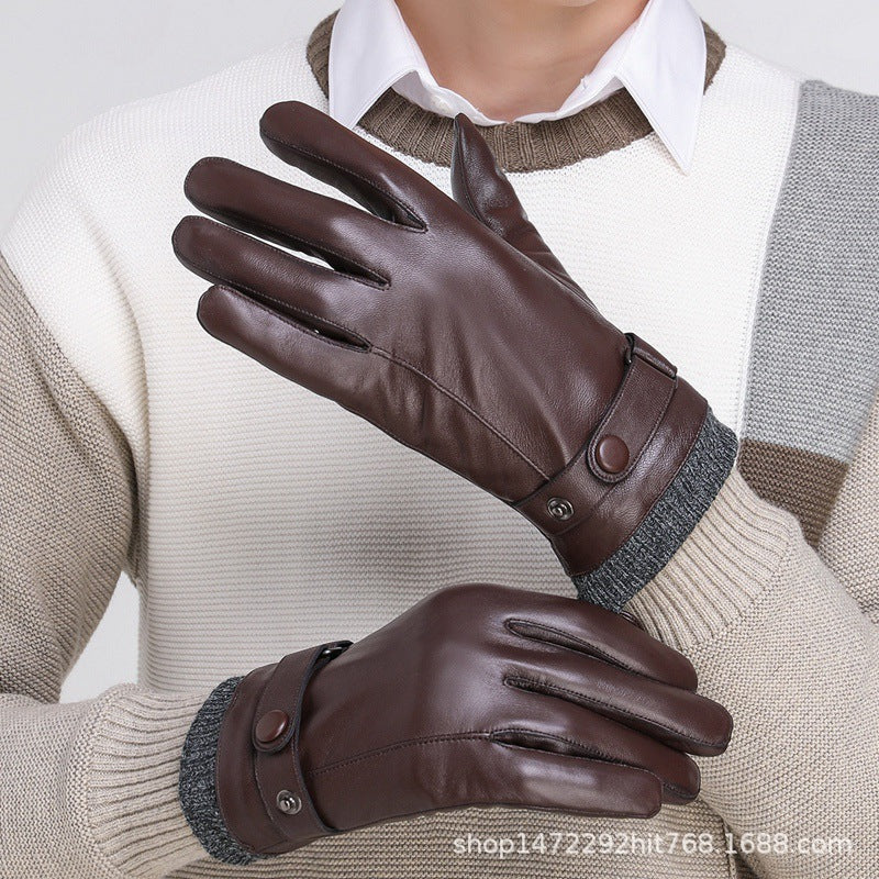 Sheepskin Gloves Men's Winter Warm Leather Gloves for Cycling Motorcycles and Driving Thin Fleece-Lined Touch Screen Sheepskin Gloves