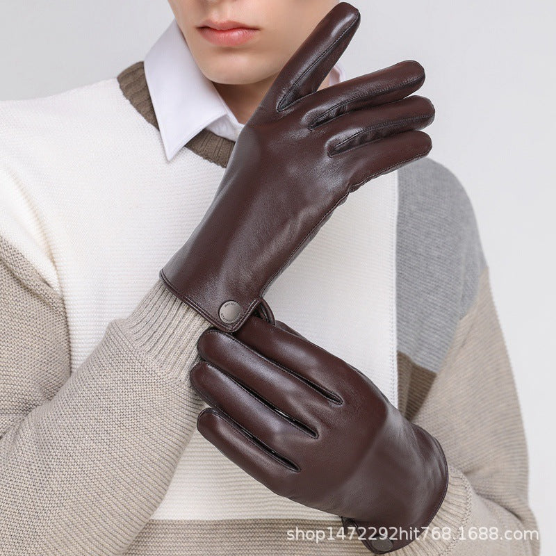 Sheepskin Gloves Men's Winter Warm Leather Gloves for Cycling Motorcycles and Driving Thin Fleece-Lined Touch Screen Sheepskin Gloves