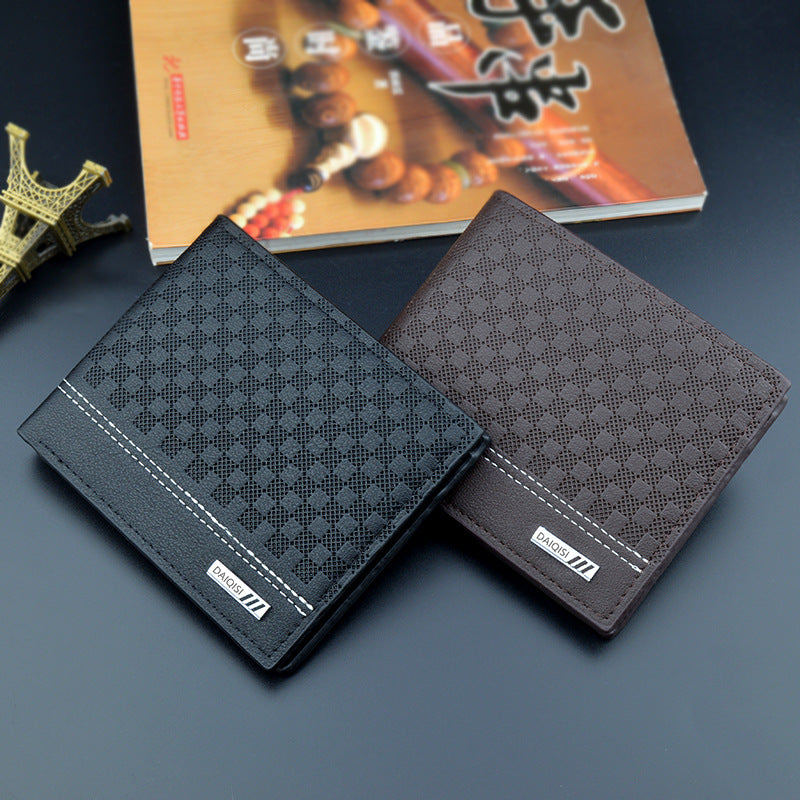 New Men's Wallet Men's Short Fashionable Simple Plaid Thin Wallet Men's Youth Large Capacity Horizontal Soft Wallet