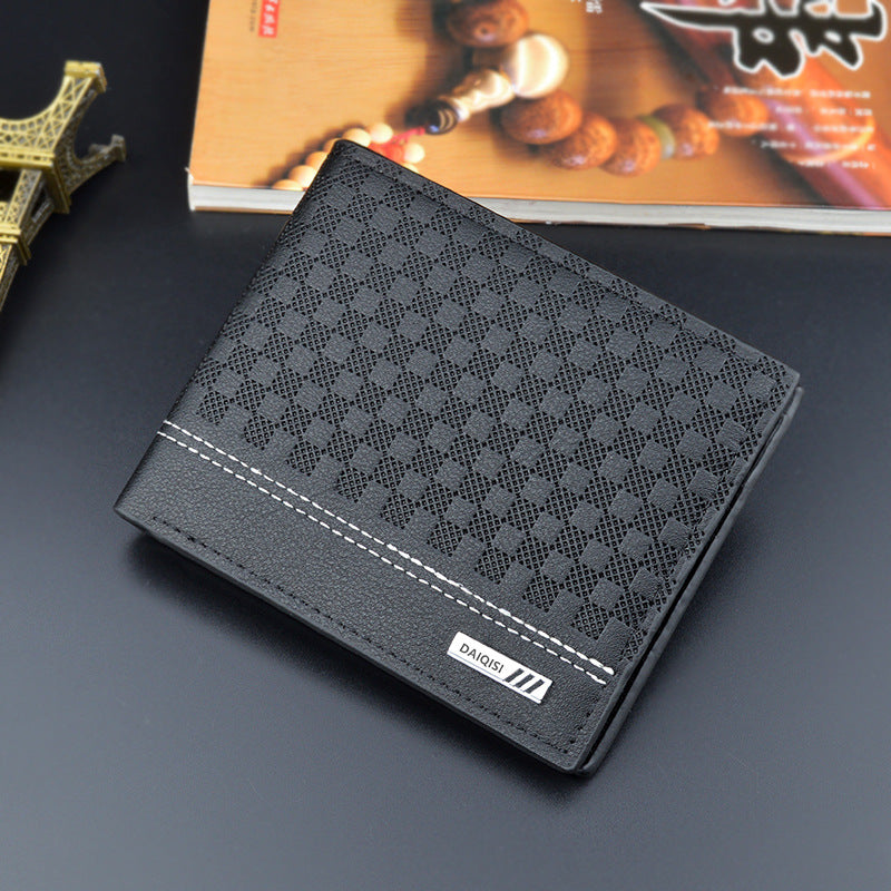 New Men's Wallet Men's Short Fashionable Simple Plaid Thin Wallet Men's Youth Large Capacity Horizontal Soft Wallet