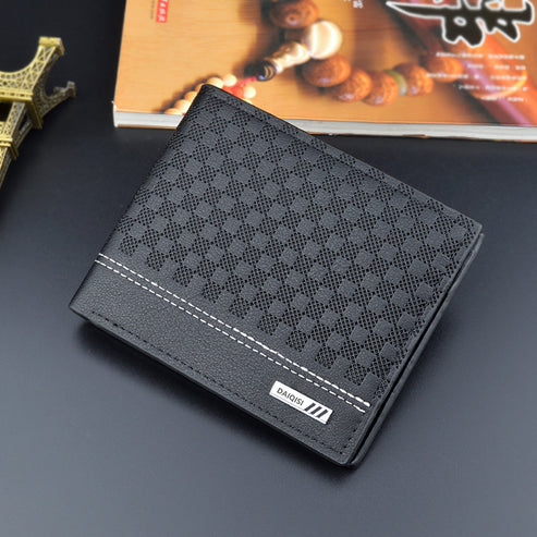 New Men's Wallet Men's Short Fashionable Simple Plaid Thin Wallet Men's Youth Large Capacity Horizontal Soft Wallet