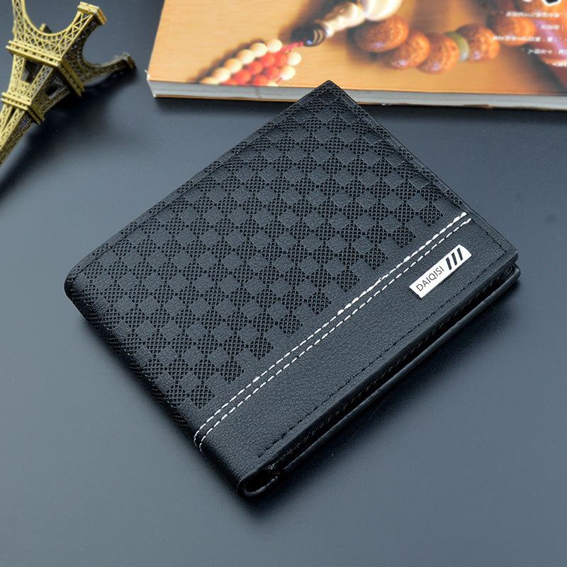 New Men's Wallet Men's Short Fashionable Simple Plaid Thin Wallet Men's Youth Large Capacity Horizontal Soft Wallet