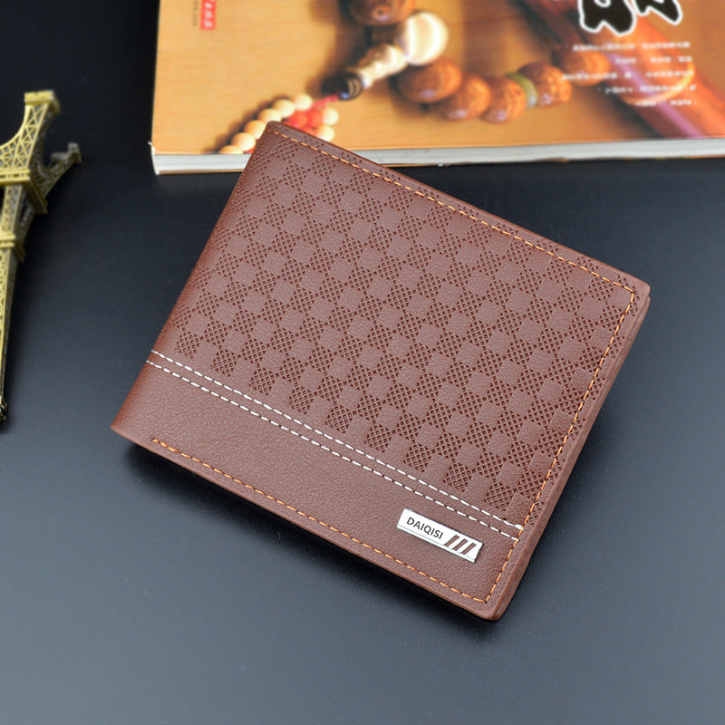 New Men's Wallet Men's Short Fashionable Simple Plaid Thin Wallet Men's Youth Large Capacity Horizontal Soft Wallet